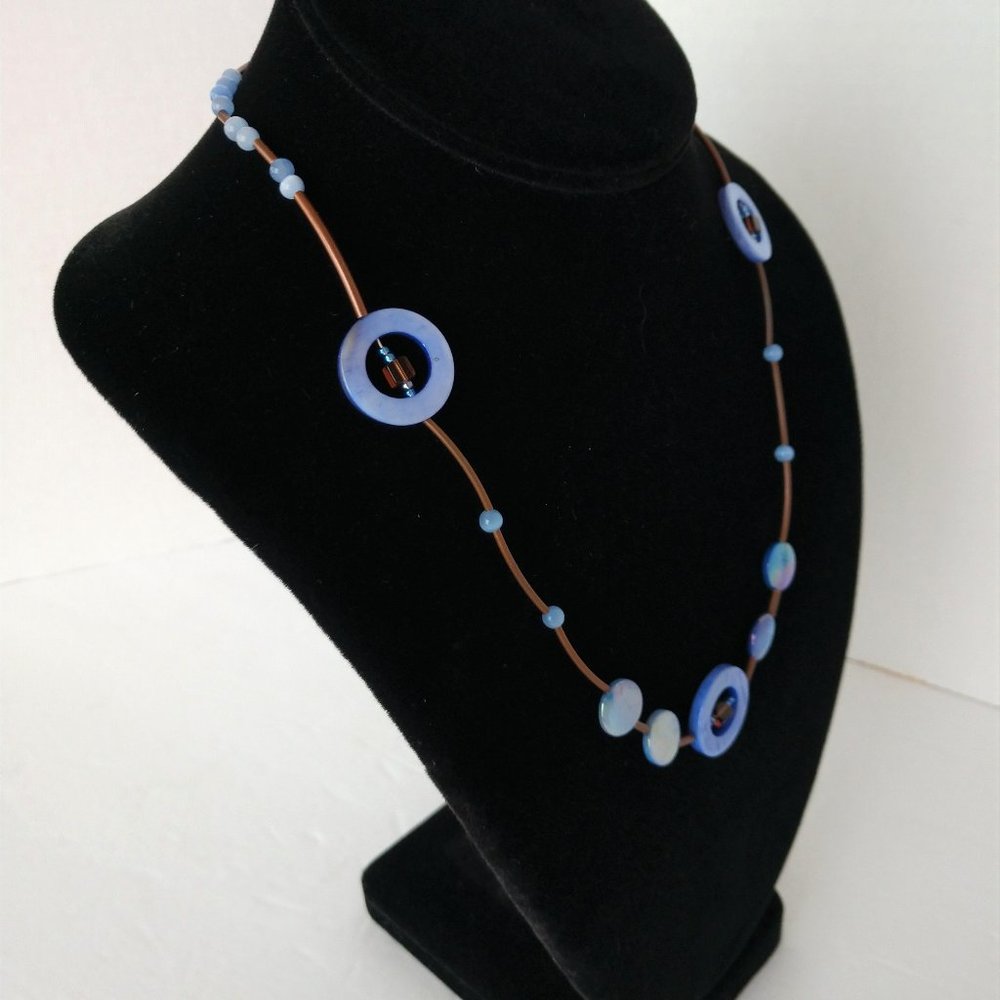 Handmade Periwinkle Blue and Brown Necklace With Agate Beads & Shells